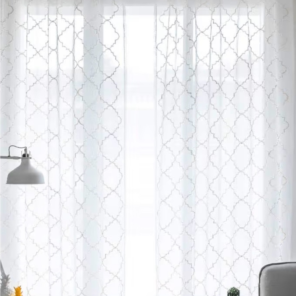 Moroccan Patterned White Sheer Curtains.  Pair of panels 82 x 52 inches each